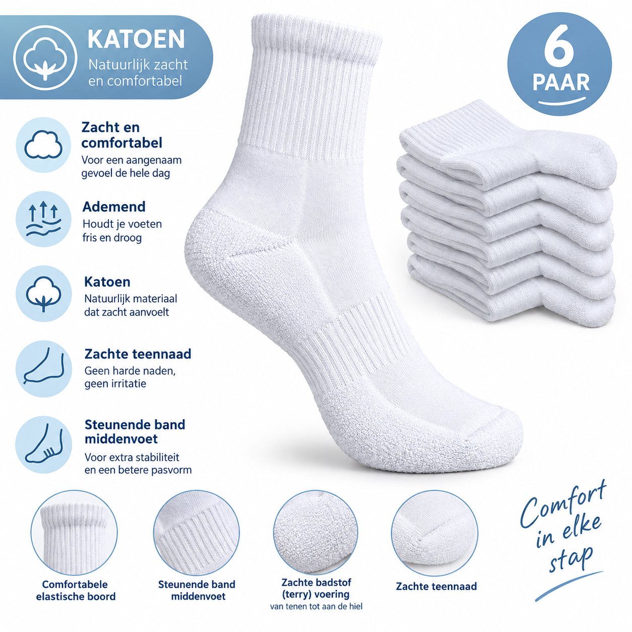 6 Paar Donex badstof quarter sneakersokken - Katoen - Wit