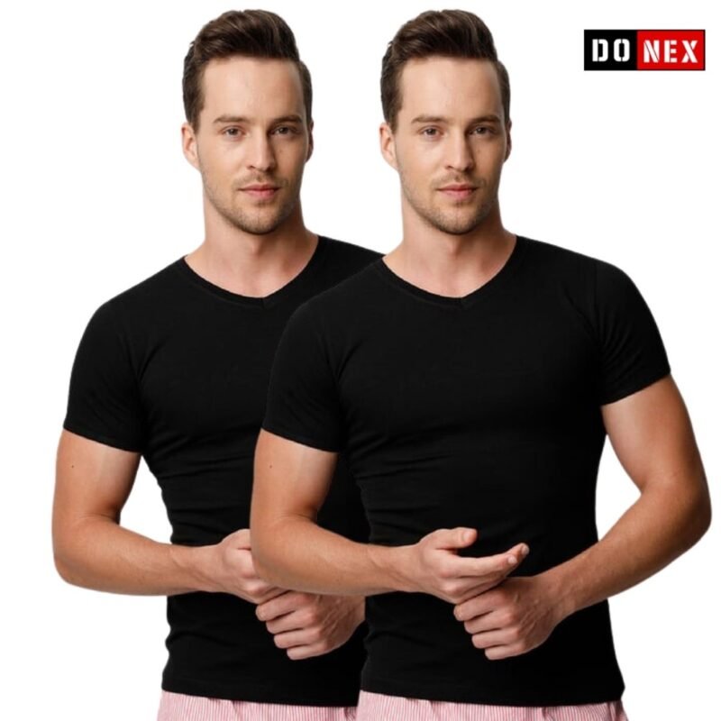 2 Stuks T-shirt V hals - DONEX® - 100% katoen - Zwart