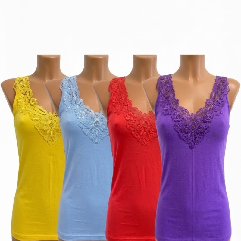 4 Pack dames hemd met Kant - 100% katoen - Felkleuren