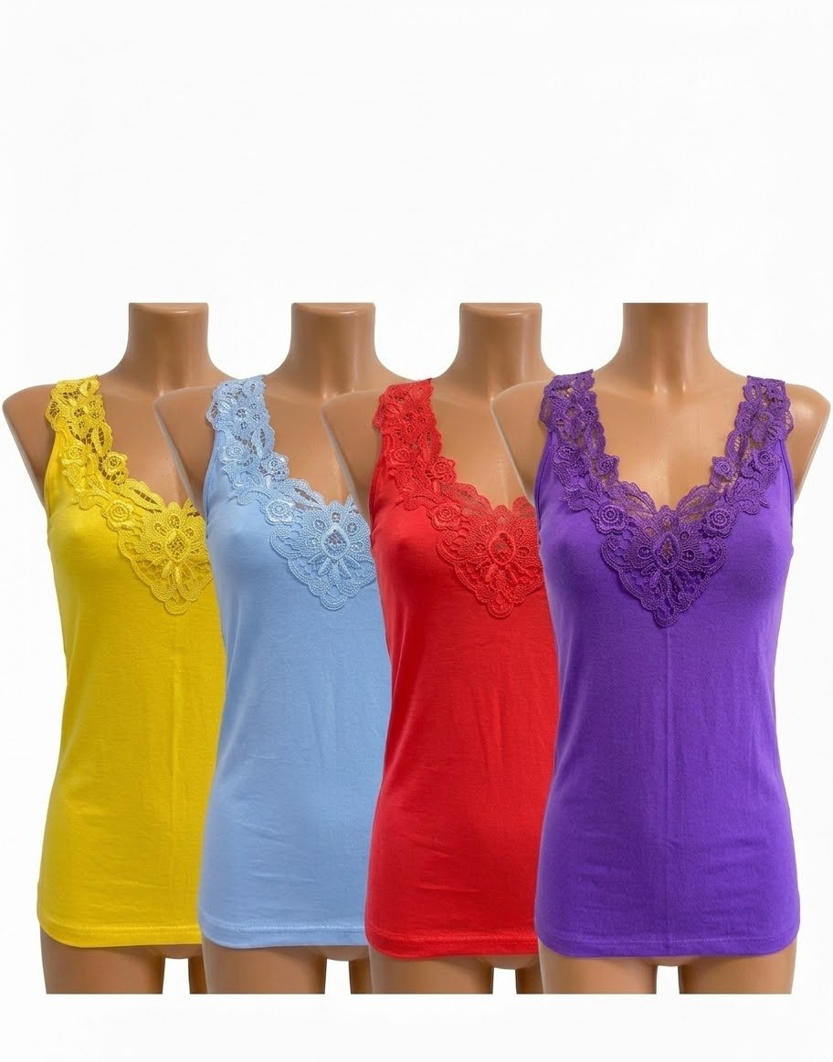 4 Pack dames hemd met Kant - 100% katoen - Felkleuren